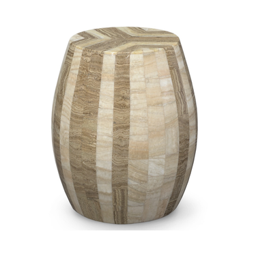 A Deja Stool with a beige and brownstone inlaid design.